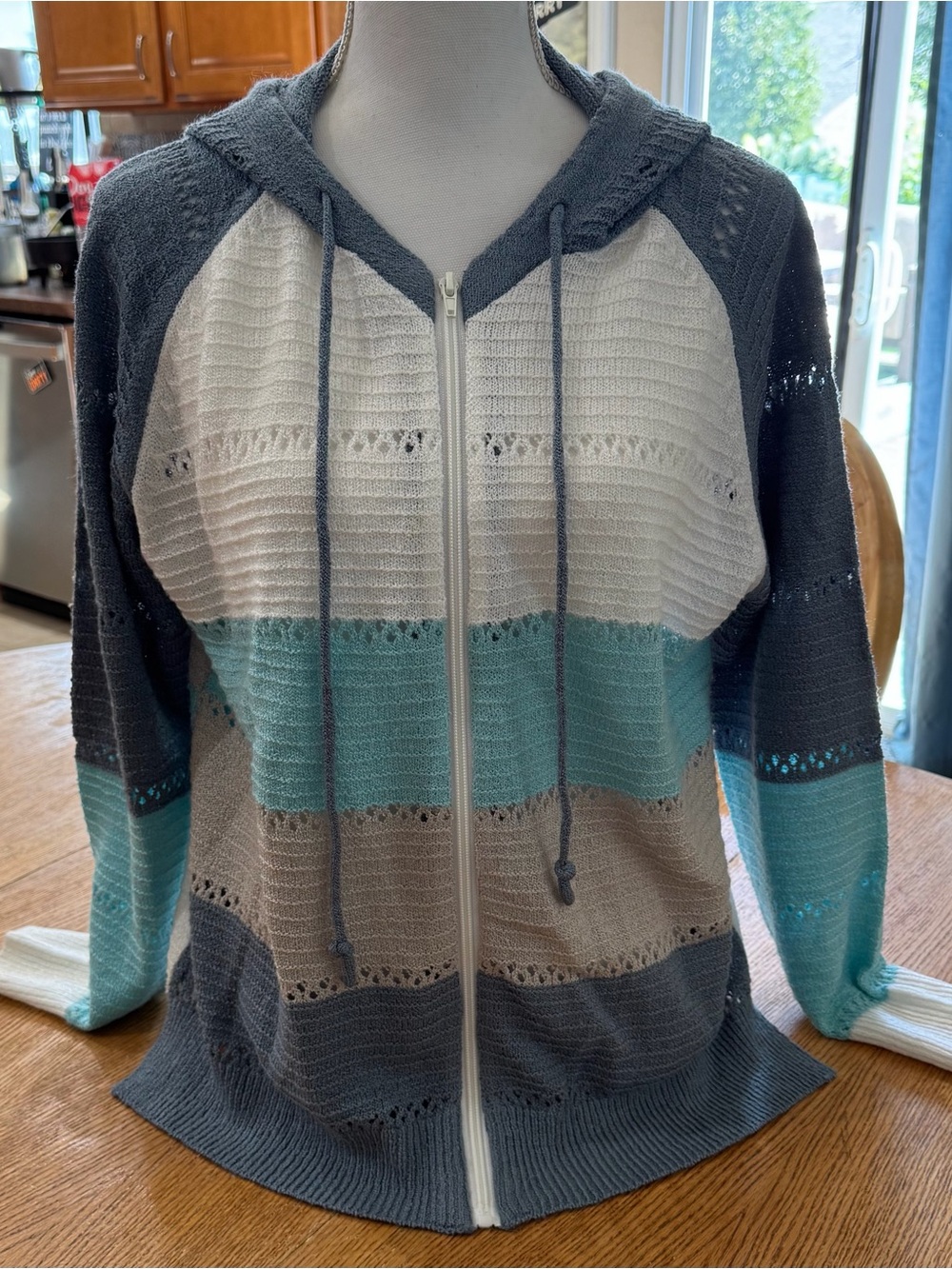 Striped Knit Zip Hoodie Sweater - Gray, White, Teal, Tan